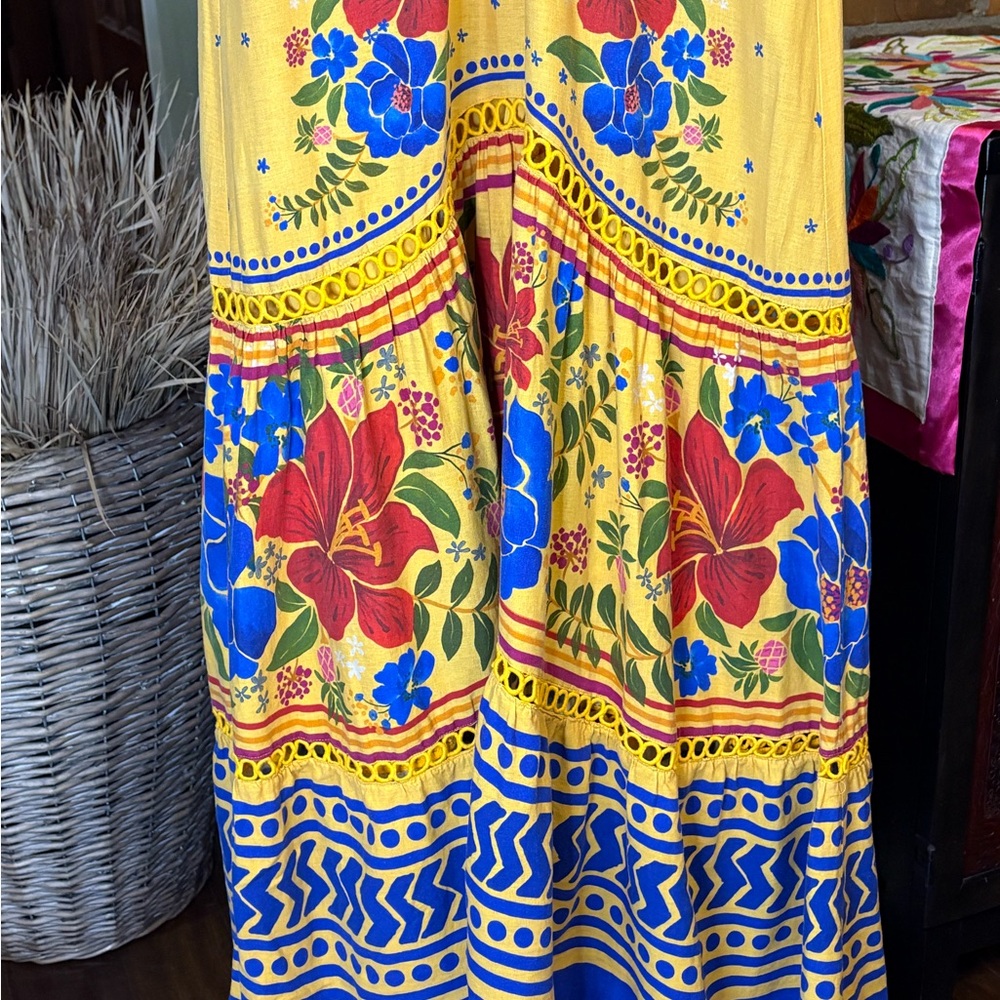 FARM Rio Yellow Floral Maxi Dress with Blue & Red Accents - Picture 8 of 16